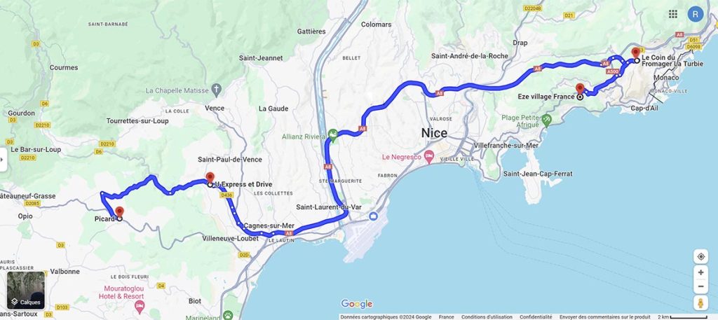 Itinéraire sur Google Maps du poissonnier ambulant.