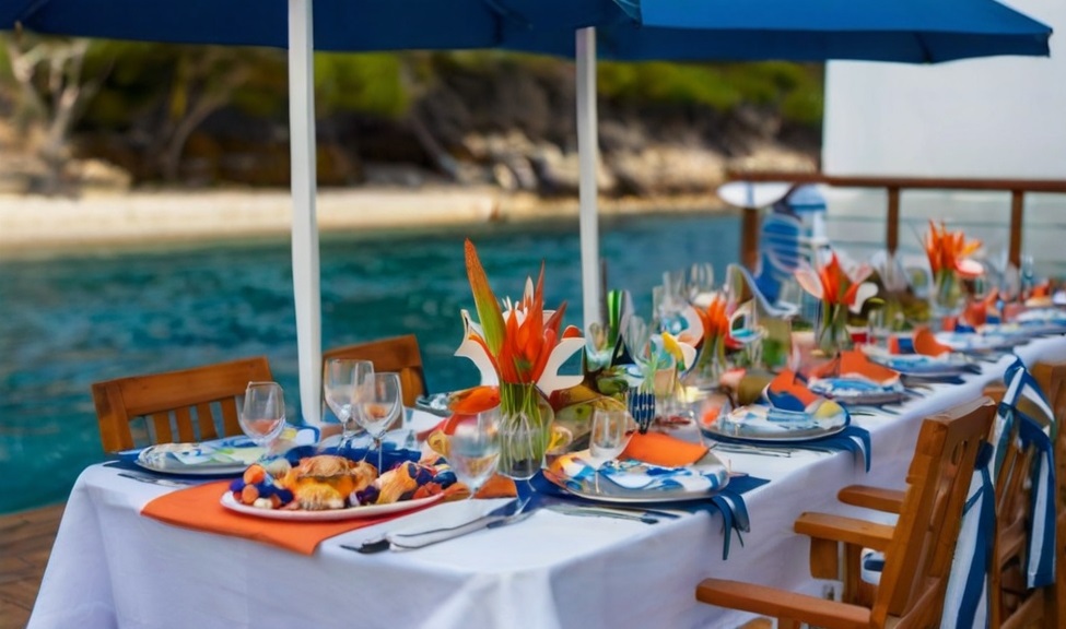 la table est dressée pour recevoir un douzaine de convives pour un repas de famille au bord de l'eau