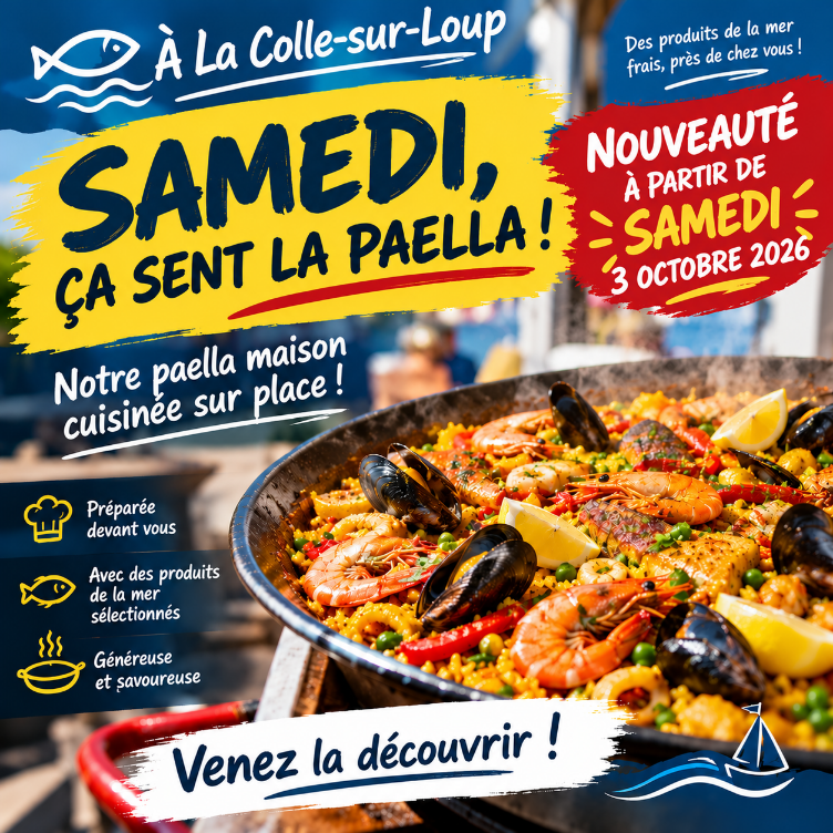 Annonce de paella cuisinée à La Colle-sur-Loup à partir du samedi 3 octobre 2026